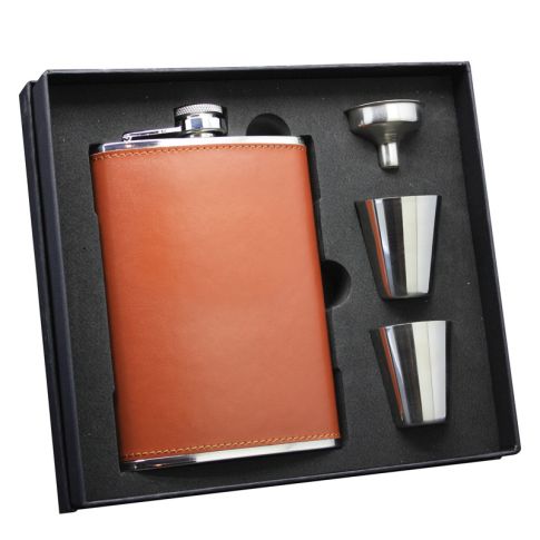 8 oz Flask Gift Set, Brown Leatherette